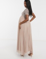 Thumbnail for your product : Maya Maternity Bridesmaid v neck maxi tulle dress with tonal delicate sequins in taupe blush