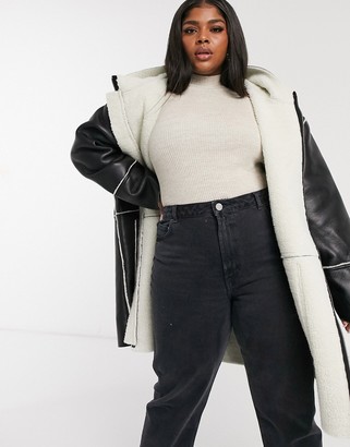 ASOS Curve DESIGN Curve shearling parka with borg detail in black
