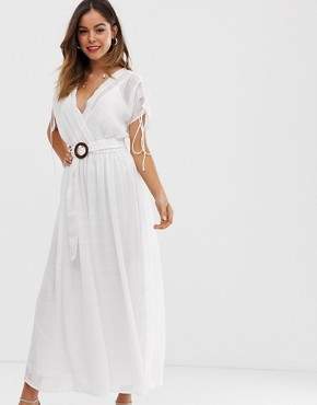 ASOS Design DESIGN wrap front maxi dress with buckle belt in self stripe