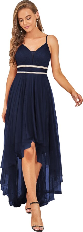 sleeveless v back high low navy blue dress