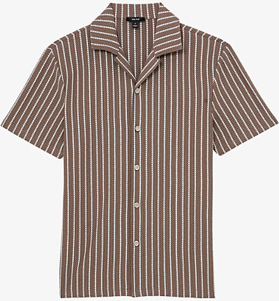 Reiss Mens Brown Ecru Percy Cuban-Collar Striped Stretch Cotton-Blend Shirt S