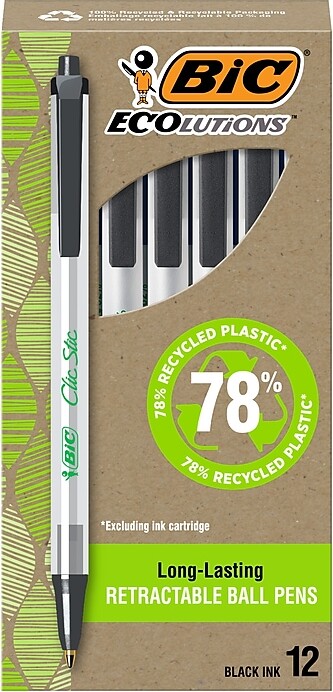 BIC Ecolutions Clic Stic Retractable Ballpoint Pens, Medium Point, Black Ink, Dozen (CSEM11BK)