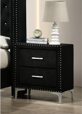 Latitude Run Bedroom Nightstand With Appeal, Two Setup, Fabric Upholstery, Nailhead Accents, Tempered Glass Insert, Wood Frame Chic Elements, Compartment, Adornmen