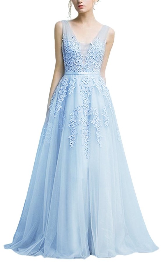 IMEKIS Elegant Lace Ball Gowns for Women Double V-Neck A Line Tulle  Applique Bridesmaid Wedding Prom Gown Formal Cocktail Evening Party Dress  Long Light Blue UK 10 - ShopStyle