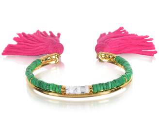 Aurélie Bidermann 18K Gold-plated & Green Jaspe and White Bamboo Beads Sioux Bracelet w/Pink Cotton Tassels