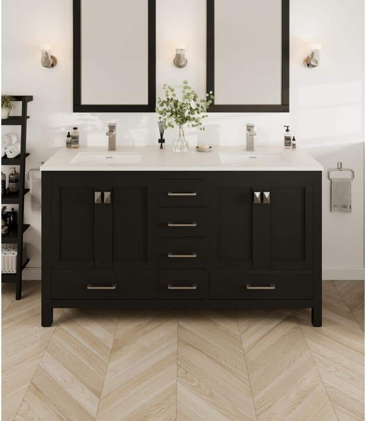 Eviva London 60 in. Double Sink Espresso Bath Vanity with White Carrara Quartz Top (Assembled)