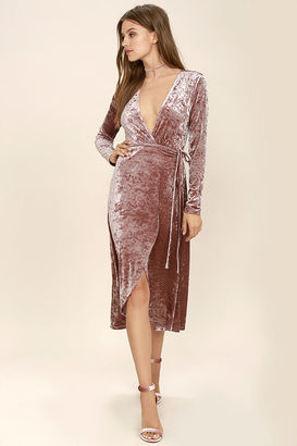 Lulus Enchant Me Blush Velvet Midi Wrap Dress