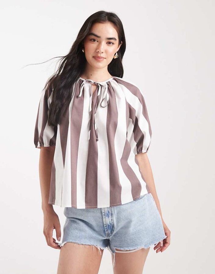 ASOS DESIGN puff sleeve tie detail blouse in stripes ShopStyle