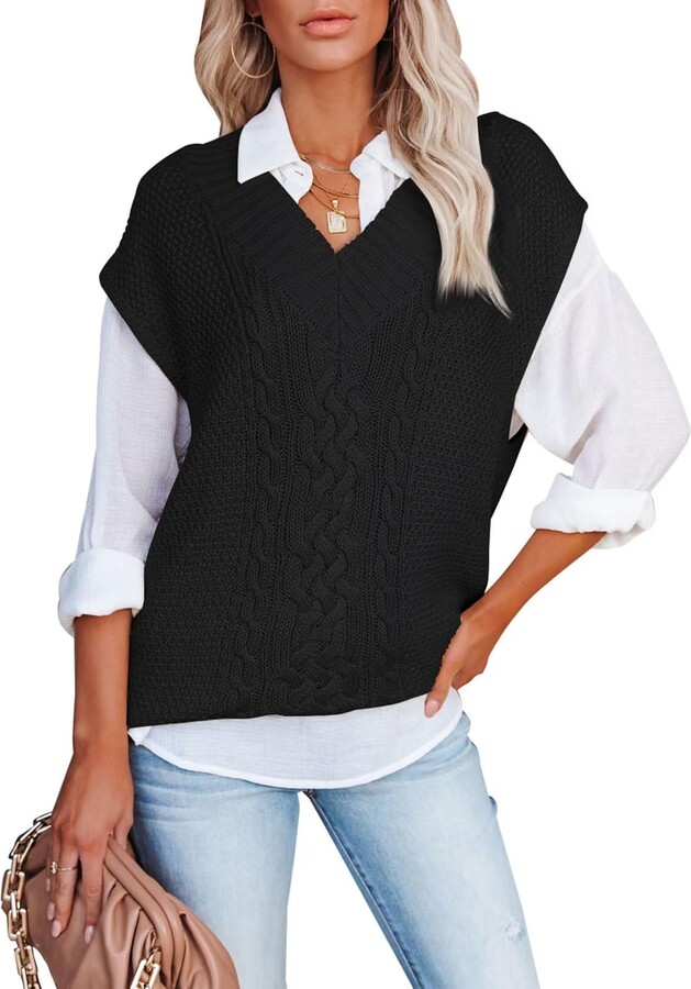 Aleumdr Women's Sleeveless Jumpers Ladies Sweater Vest for Women V Neck  Cable Kint Jumpers for Women Vintage Tops Knitwear Tank Top A Black M -  ShopStyle