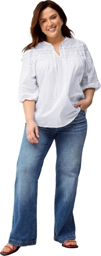 Ellos Women's Keyhole Neck Blouse With Crochet Trim