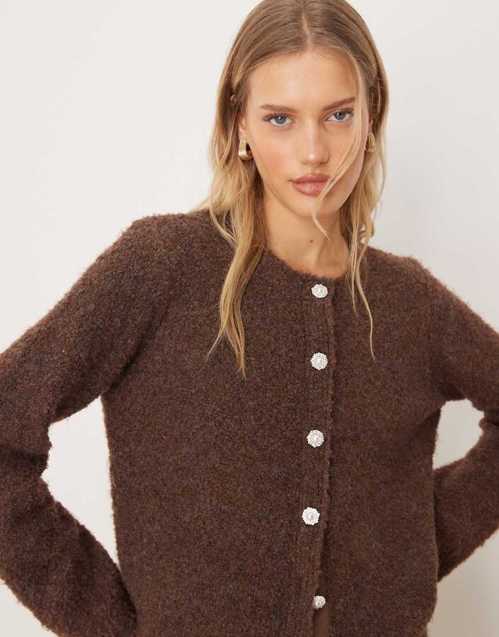 Y.A.S boucle cardigan with ornate buttons in chocolate brown - part of a set