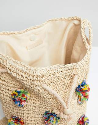 Pull&Bear Pom Pom Woven Bag In Cream