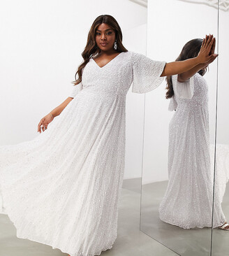 ASOS Curve ASOS DESIGN Curve flutter sleeve sequin maxi wedding dress -  IVORY - ShopStyle