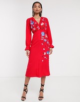 Thumbnail for your product : ASOS DESIGN embroidered button front midi tea dress with fluted sleeve in red