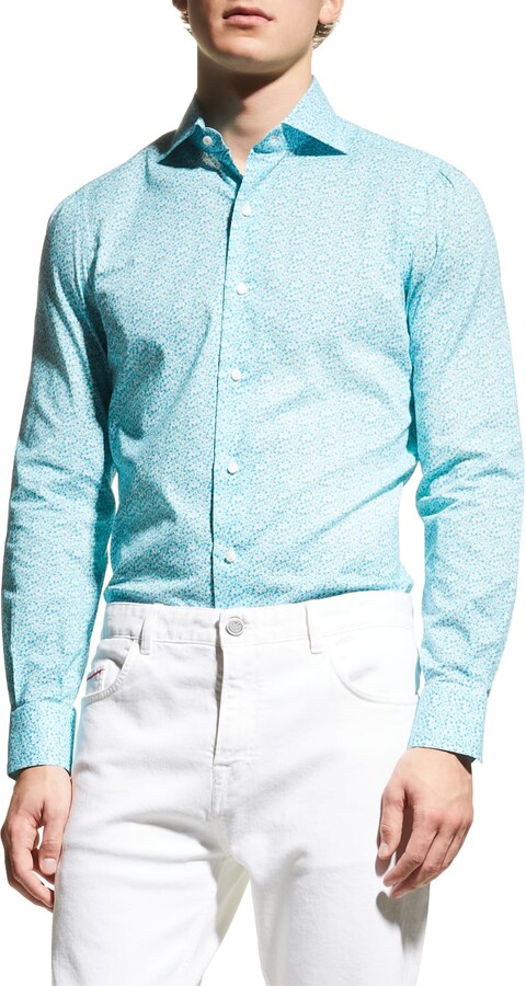 YUNY Men Button-Down-Shirts Floral Design Woven Elegant Shirts Light Blue M 