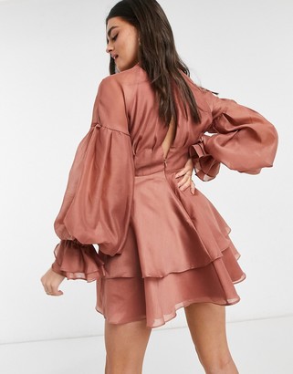 ASOS DESIGN pleated mini dress with blouson sleeve and cuff detail in rose