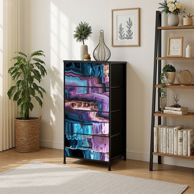 Ebern Designs 4 Drawer Vertical Storage Dresser colored marble nacre with Wood Top Fabric Pull Drawers