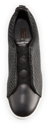 Ermenegildo Zegna Men's Pelle Tessuta Triple-Stitch Slip-On Sneakers, Black