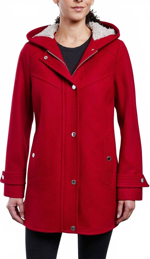 London Fog Zip-Front Sherpa Lined Hood 31" Wool Jacket In Red