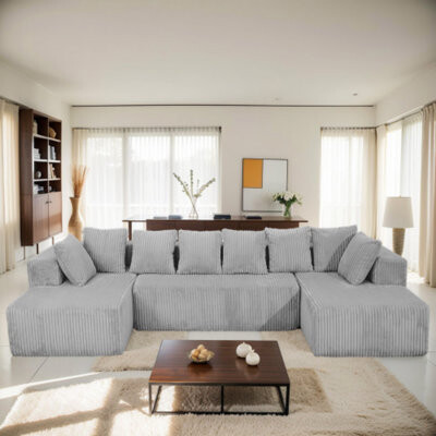 Latitude Run Modular U-Shaped Sectional Sofa 130-Inch 4-Seater Chaise Lounge With Reversible Design Striped Corduroy Fabric In Gray – Customizable Living Room Or
