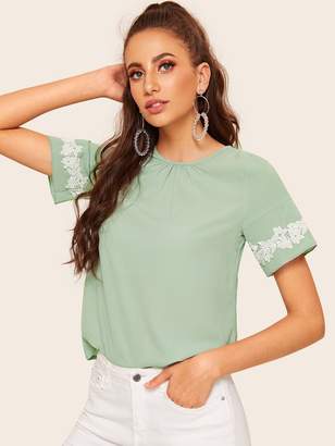 Shein Contrast Lace Applique Gathered Neck Blouse