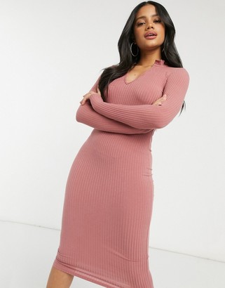 New Look frill neck ribbed midi dress in pink