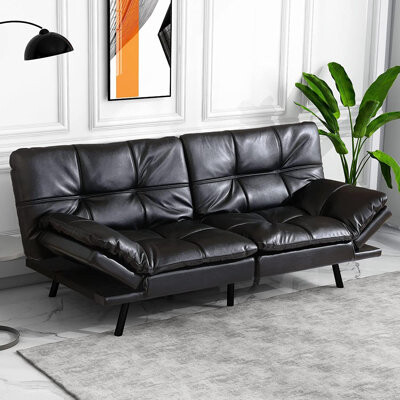 Latitude Run Discusin Twin 70.5\ Wide Faux Leather Tufted Back Convertible Sofa