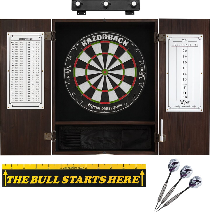 Viper Razorback Sisal Dartboard, Underground Raven Steel Tip Darts 25 Grams, Metropolitan Espresso Cabinet, Shadow Buster Dartboard Lights & "The Bull Starts Here" Throw Line Marker