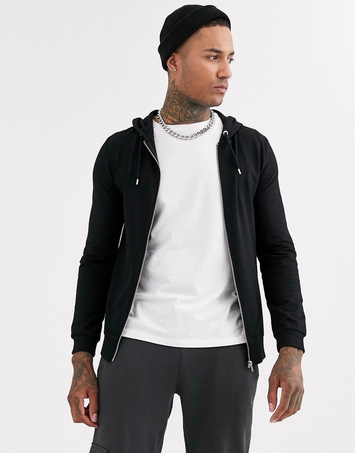 ASOS DESIGN muscle zip up hoodie in black ShopStyle