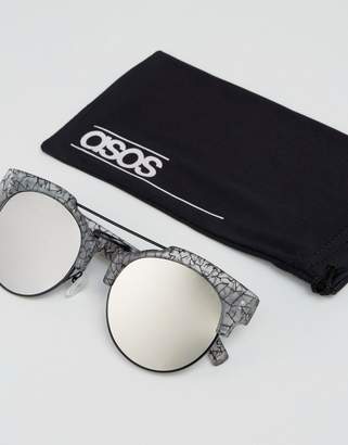 ASOS Top Bar Round Sunglasses With Flat Lens In Linear Transfer Print
