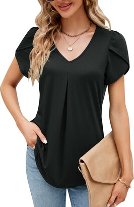 Bequemer Laden Womens Summer Petal Short Sleeve Casual T-Shirts V Neck Dressy  Blouses Pleated Tops Tunic 2023 - ShopStyle