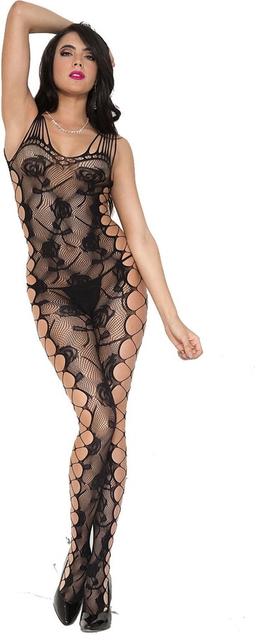 Music Legs Women’s Rose design bodystocking with shredded straps and side cut outs 1027-BLACK