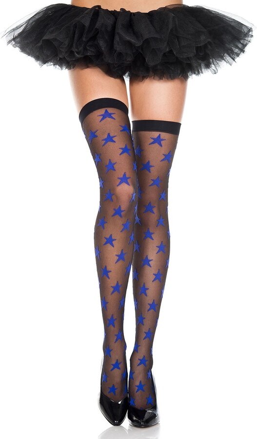 Music Legs Women’s Multiple star print spandex thigh hi 4272-BLACK/ROYALBLUE