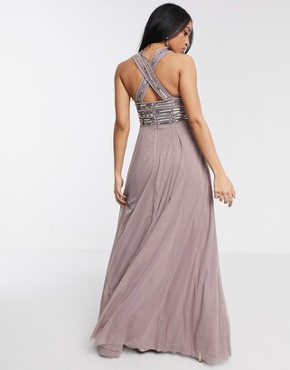 ASOS Petite DESIGN Petite linear embellished bodice maxi dress with tulle skirt in dusty purple