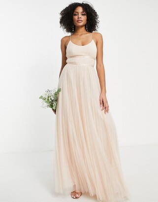 ASOS DESIGN bridesmaid tulle cami maxi dress with satin ribbon waist detail  and pleated skirt in champagne - ShopStyle