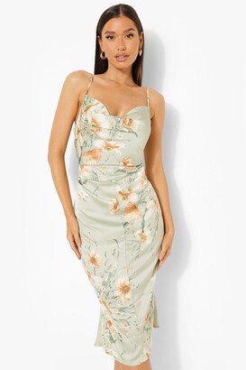 satin floral cowl flute hem slip dress