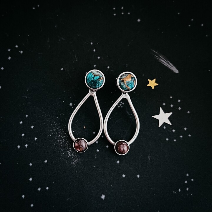 Etsy Journey To Mars Stud Earrings - Copper Chrysocolla Earth & Red Jasper Celestial Jewelry, Natural Stones Silver Tone Post