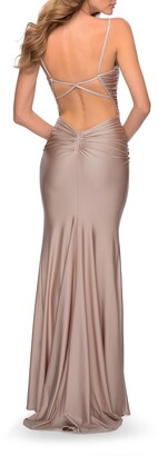 La Femme Strappy Back Ruched Trumpet Gown