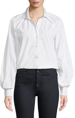 Victoria / Tomas Pinstripe Long-Sleeve Button-Down Blouse with Gathered Sleeves