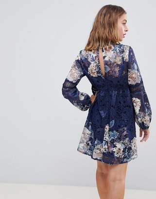 Little Mistress Petite All Over Lace Skater Dress In Navy Floral Print