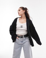Thumbnail for your product : Topshop knitted fluffy v-neck wide rib cardigan in black
