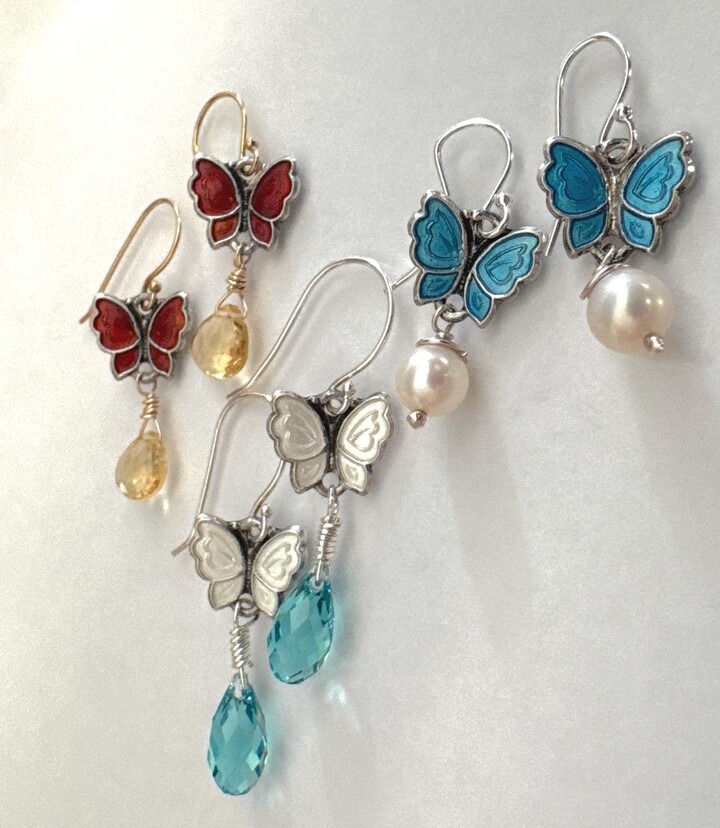 Etsy Butterfly Earrings. Scandinavian Gemstones Sterling Enamel. Meka. One Pair. Pearl Topaz Chrome Diopside