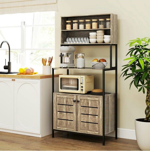 ResenkosBaker'sRackwithPowerOutletOpenShelves&MicrowaveCabinetGray