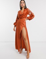 Thumbnail for your product : ASOS DESIGN cowl neck satin split maxi dress with cross stitch embroidery