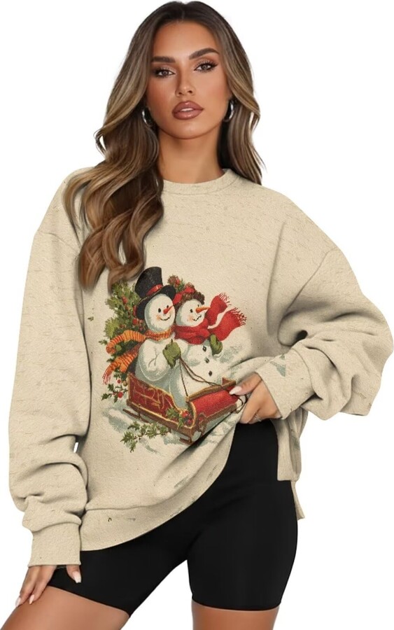 Fiqyvagox Christmas Day Women Pullover Long Sleeve Crew Neck Sweatshirts Drop Shoulder Comfortable Casual Tops Loose Fit Clothes for Shopping Running