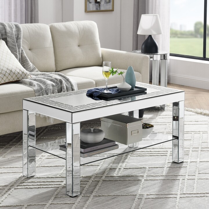 Streamdale Furniture Simplie Fun Art Deco Mirror Coffee Table: Silver Mirror Glass with Diamond Edge Frame