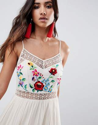 ASOS Design DESIGN Lace Insert Crinkle Tiered Midi Dress With Embroidery