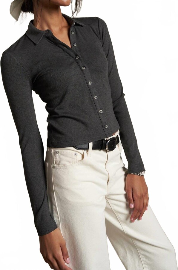 PERFECTWHITETEE Amee Luxe Rib Long Sleeve Button Polo In Charcoal