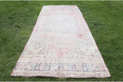 Bungalow Rose Large Vintage Anatolian Turkish Rug in Faded Blue with Tribal Motifs for Living Spaces