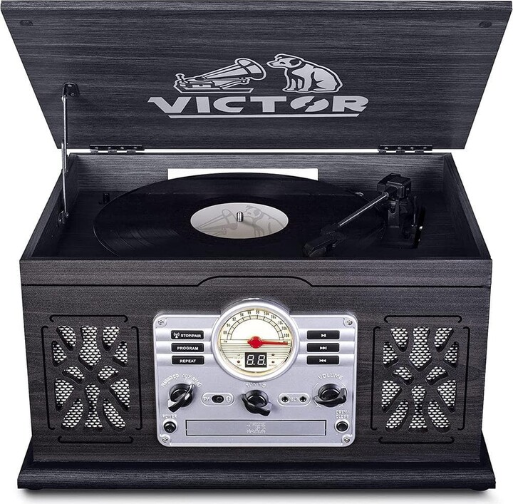 Victor State Bluetooth Turntable Record Player, CD/MP3/Cassette Player, FM Radio and Built-In Stereo Speakers, Espresso